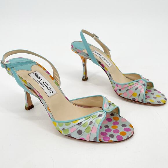 Vintage Y2K Jimmy Choo Multicolor Polka Dot Satin Slingback Peep Toe Heels IT 37 - Picture 1 of 10